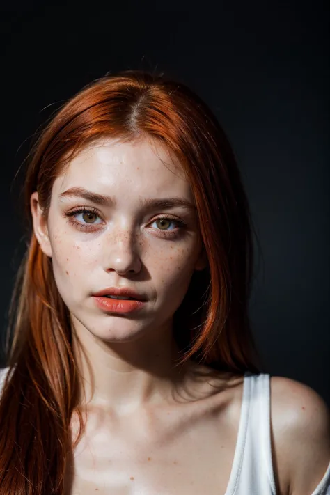 ((Portrait Photography)),(best quality, high quality, sharp focus:1.4), european beautiful woman, (orange hair:1.1), freckles, m...