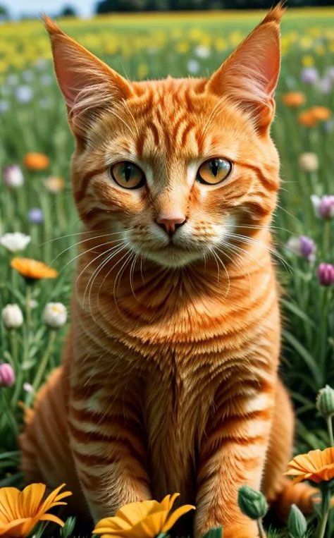 photography, an orange tabby cat in a field of flowers, close-up