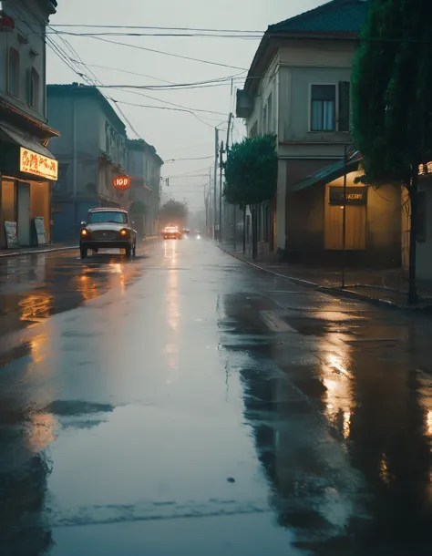 there is a car driving down a wet street in the rain