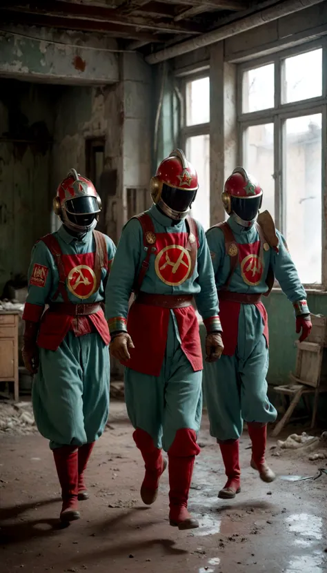 three men in red and blue uniforms walking in a room