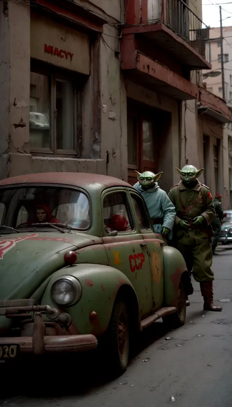 there are two men in green uniforms standing next to a car