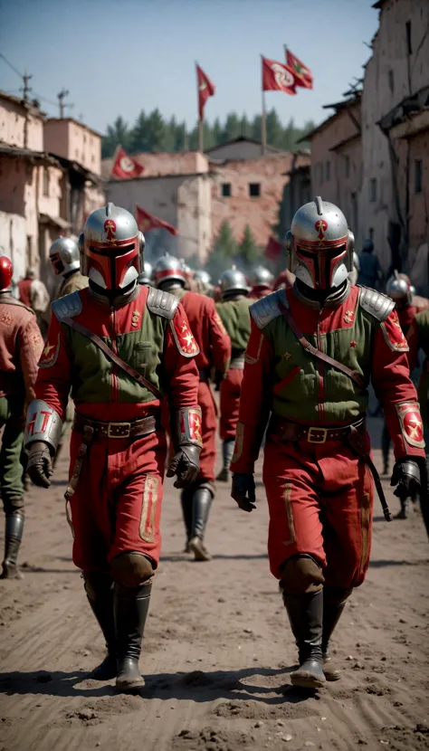 soldiers in full armor walking down a dirt road in a town