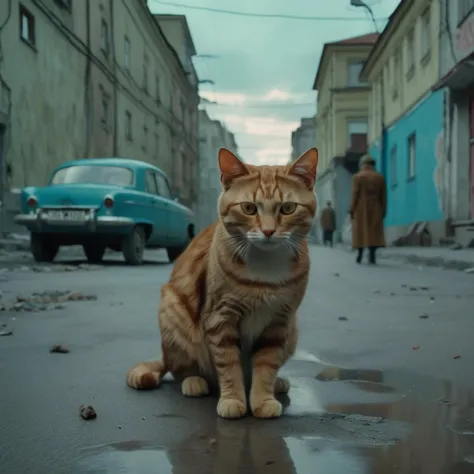 there is a cat sitting on the street in front of a car