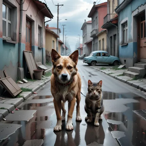 there is a dog and a cat standing on a wet street