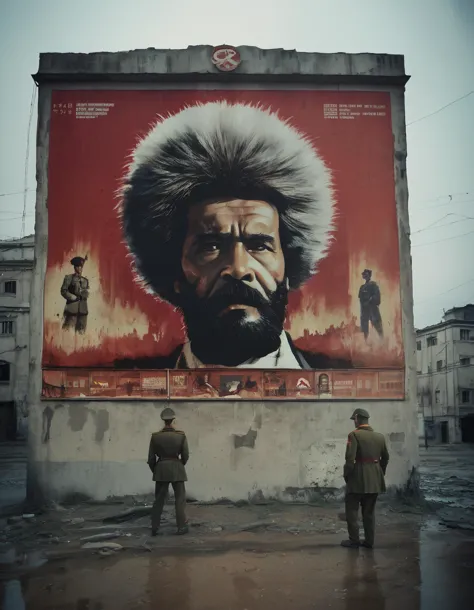 arafed image of a man standing in front of a large poster