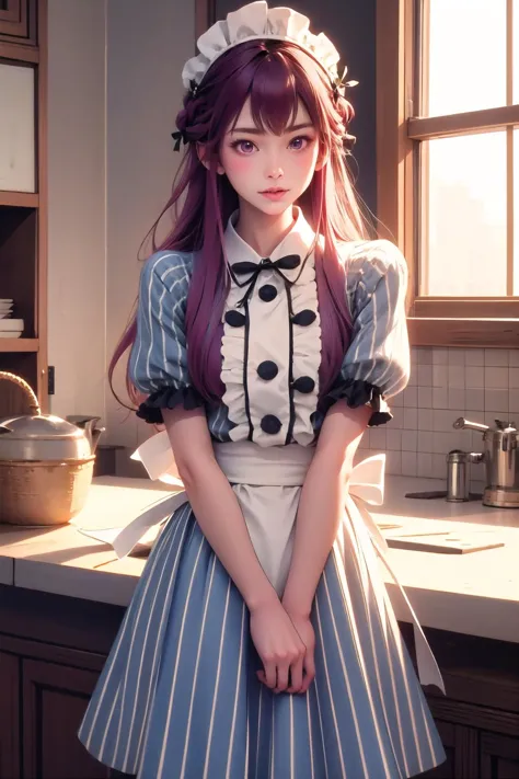 <lora:MakuzawaOuka:1>, MakuzawaOuka, long hair, maid, maid headdress, striped dress, white apron, black ribbon,