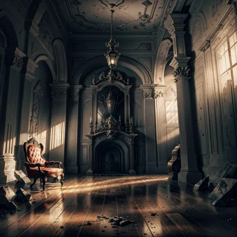 atmosphere, castle interior, spooky, horror, empty room, lonely, scene, backdrop, location, high contrast, sharp focus, masterpiece, best quality, highly detailed, HDR, highest quality, highres, sharp focus, 8k, 16k, skin pores, dynamic lights, realistic shadows, best shading, award winning masterpiece