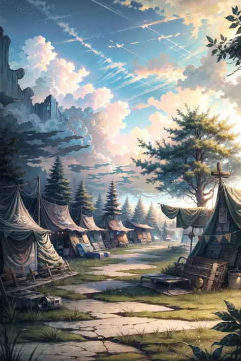 a painting of a village with tents and trees in the background