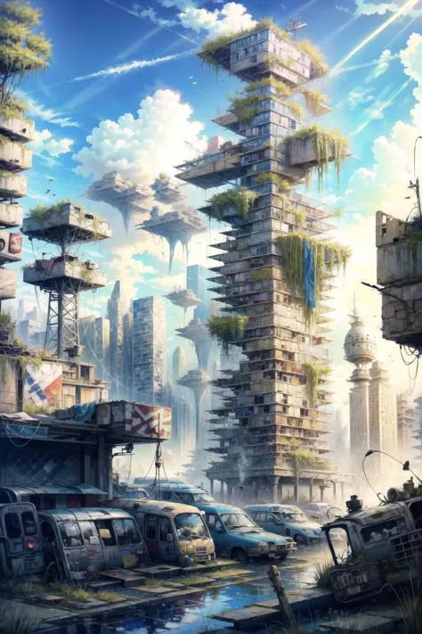 a painting of a futuristic city with a lot of tall buildings