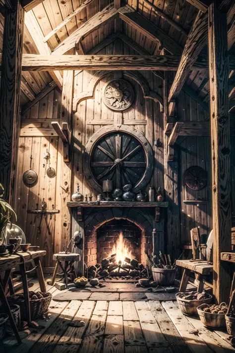 a close up of a fireplace in a wooden cabin with a clock on the wall