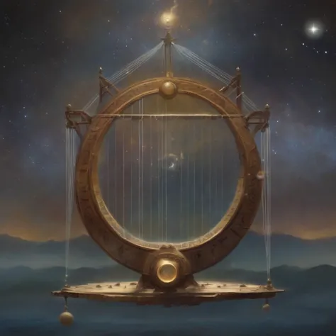 (Art by Peter Morbacher:1.3) An ancient artifact of resonance, a celestial harp strung with threads of twilight. Each string vibrates with a different cosmic frequency, and when played, they echo the music of the spheres <lora:Angelarium_v1.1_SDXL-step00003000:1>