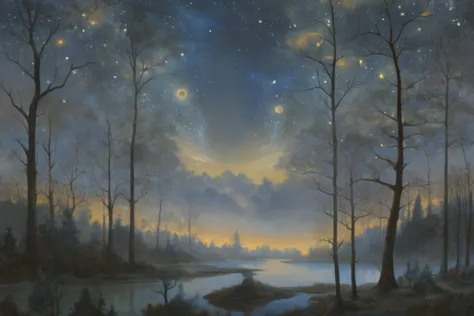 (Art by Peter Morbacher:1.3) An otherworldly forest bathed in twilight, the trees are ancient and their leaves shine with a bioluminescent glow. Above, the sky is a tapestry of celestial bodies and streaming comets, while below, a translucent river of starlight winds its way through the landscape <lora:Angelarium_v1.1_SDXL-step00003000:1>