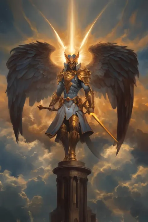 (Art by Peter Morbacher:1.3) A majestic interpretation of Archangel Michael, standing resolute on a platform of celestial clouds. He wields a fiery sword made of stardust and his wings are a burst of radiant sunbeams, illuminating the cosmos <lora:Angelarium_v1.1_SDXL-step00003000:1>