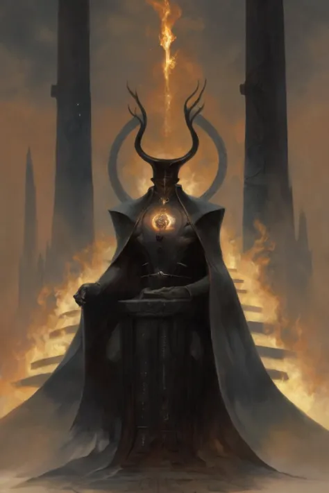 a man in a cloak and horns sits on a throne with fire coming out of his mouth