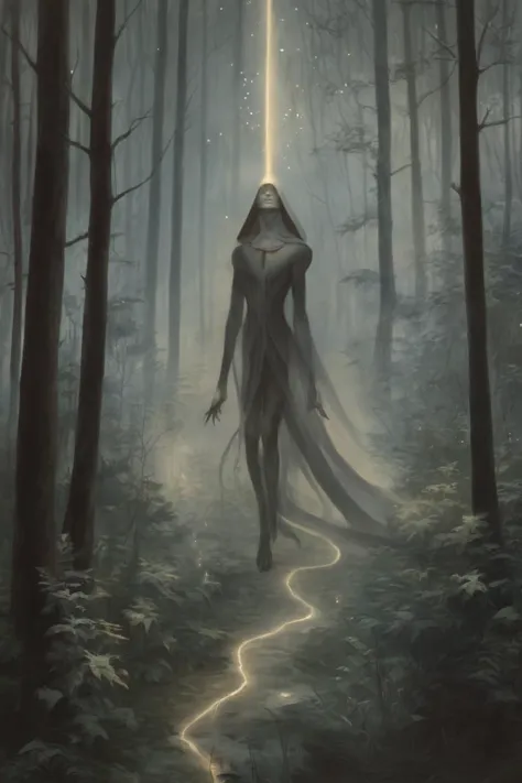 (Art by Peter Morbacher:1.3) The personification of solitude, a spectral figure wandering through an ethereal forest. Its form is part shadow, part starlight, and it leaves trails of twinkling stardust with every step <lora:Angelarium_v1.1_SDXL-step00003000:1>