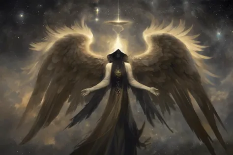 (Art by Peter Morbacher:1.3) Seraph: "A Seraph of Silent Echoes, its form shrouded in veils of cosmic dust. Six wings spread out, each feather resembling the delicate structure of a fractal. In its hands, it cradles an orb of pure silence, visualized as a black hole absorbing all surrounding light <lora:Angelarium_v1.1_SDXL-step00003000:1>