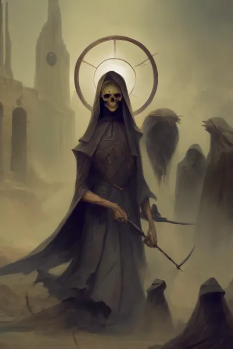 a painting of a person with a scythe standing in a field