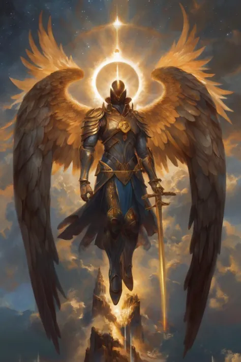 a painting of an angel with wings and a sword in the sky