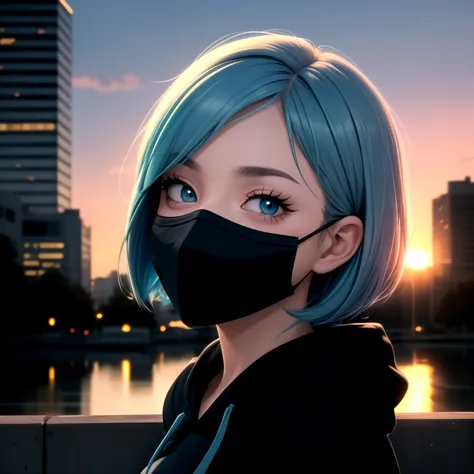 centered, masterpiece, face portrait, | 1girl, solo, aqua hair color, short hairstyle, light blue eyes, | (black mouth mask:1.2)...
