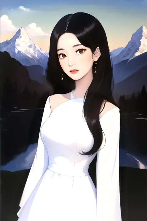(looking at viewer:1.2), centered, a painting of a korean woman with medium wavy (black hair, with dark brown eyes), and a (whit...