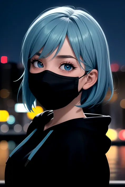 centered, masterpiece, face portrait, | 1girl, solo, aqua hair color, short hairstyle, light blue eyes, | (black mouth mask:1.2)...