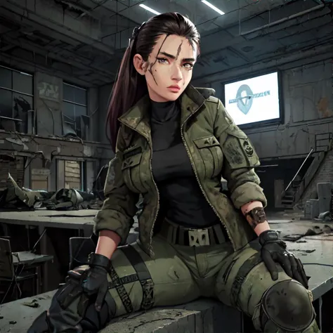 woman, perfect detailed face, Post-apocalyptic, shabby Leader Outfit: Military jacket, cargo pants, sturdy boots, radio headset, tactical gloves., inside a post-apocalyptic ruined city hall, grand staircase, empty offices, overturned council chamber chairs, faded mayoral portraits., Wearing Night Vision Goggles, masterpiece, high resolution, hd, 8k, shallow depth of field, sharp focus