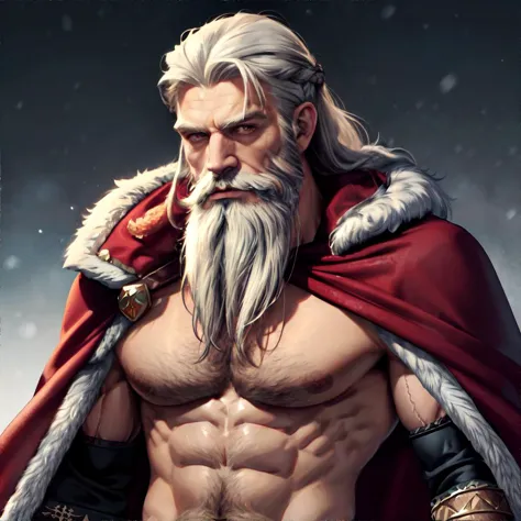 handsome muscular viking man wearing fur cape, winter, shirtless, beard, solo, masterpiece, high resolution, hd, 8k, shallow dep...