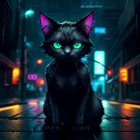 adorable cyberpunk cat, dark city street, raining, neon lights, masterpiece, high resolution, hd, 8k, shallow depth of field, <l...