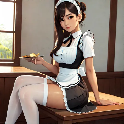 anime maid sitting on a table with a plate of food