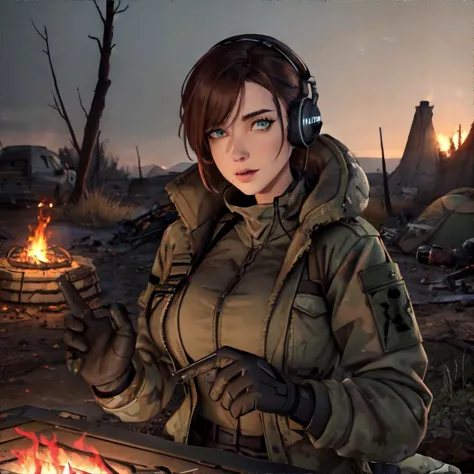 woman, perfect detailed face, Post-apocalyptic, shabby Leader Outfit: Military jacket, cargo pants, sturdy boots, radio headset,...
