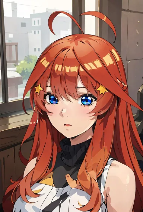 anime girl with long red hair and blue eyes looking at camera