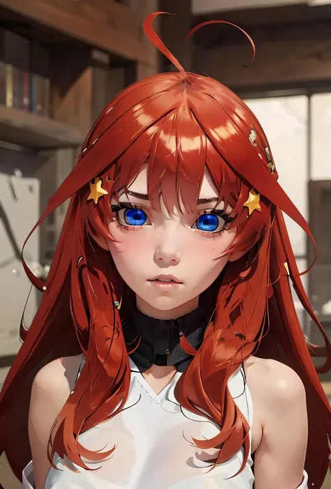 anime girl with red hair and blue eyes in a kitchen