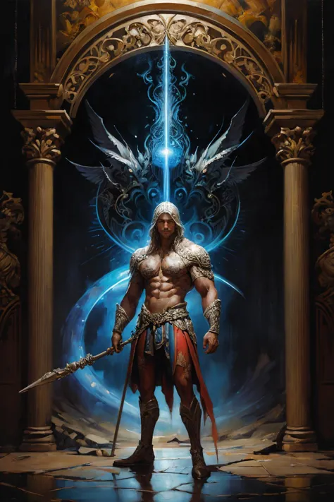 illustration of a wizard, muscular, holding staff, standing in front of an ethereal gate, best quality, masterpiece, intricate details, dynamic pose, dynamic angle, (surreal), (illustration), ((oil painting \(medium\):1.2))