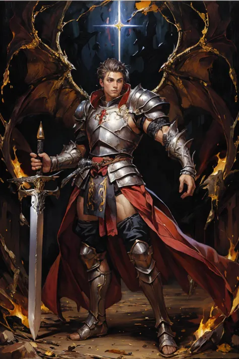 an illustration of a male priest warrior, wearing priest robe and armor, muscular, holding sword, best quality, masterpiece, intricate details, dynamic pose, dynamic angle, (surreal), (illustration), ((oil painting \(medium\):1.2))