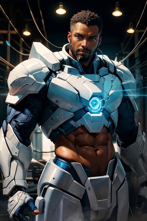 (african man) wearing (white mecha power armor:0.8), glowing, cables, wires, futuristic lab background, medium hair, transparent...