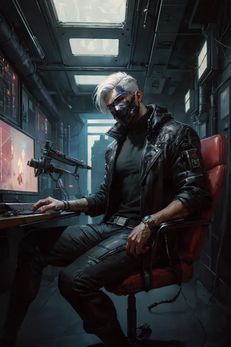 a male Hacker Sitting On A Chair In Front Of His Desktop Pc, half Mask, Teen Outfit, Black And White Hair, Serious Fashion Style...