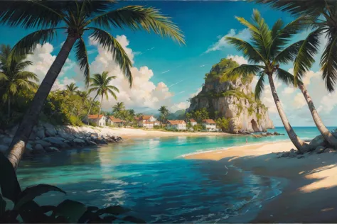 illustration of a medieval fantasy fishing village on the beach, calm ocean, beautiful sunlight, palm trees, beautiful lights, celebration, far away view, best quality, masterpiece, intricate details, (surreal), (illustration), ((oil painting \(medium\)))