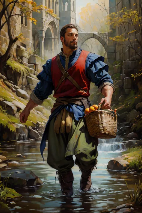 painting of a man carrying a basket of fruit in a river