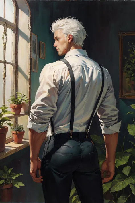 fantasy art, illustration of a 20 year old man standing in a room filled with plants, window, sunlight, white hair, green eyes, white shirt, sleeves rolled up, black pants, suspenders, garter belt, backlighting, muscular, best quality, masterpiece, intricate details, (surreal), (illustration), ((oil painting \(medium\)))