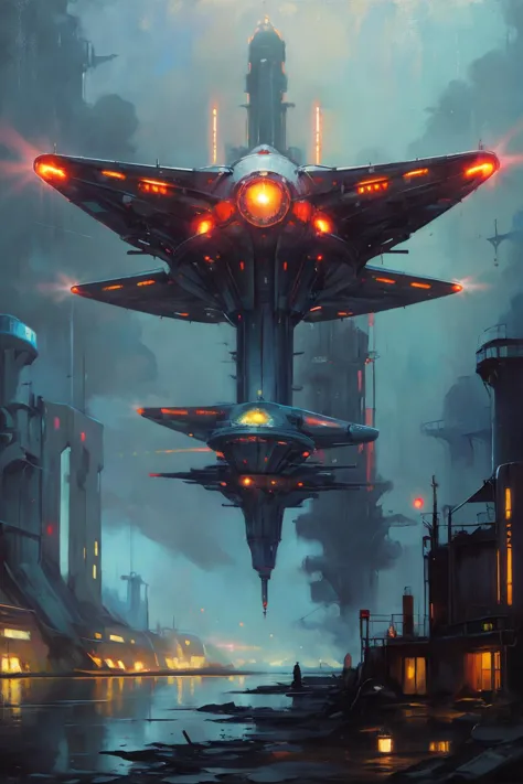 a painting of a futuristic city with a spaceship flying over it