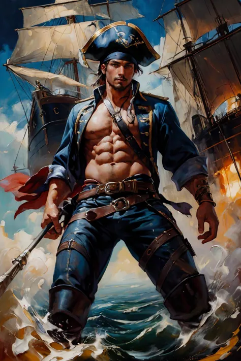 abstract expressionist painting of a pirate captain on a ship, muscular, best quality, masterpiece, intricate details, dynamic p...