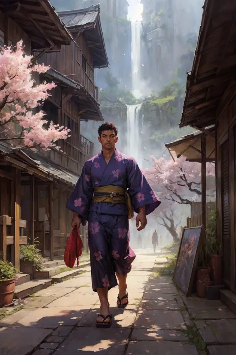 cherry blossom, man walking in the distance, wearing yukata, surreal, psychedelic, old village, geta, best quality, highly detai...