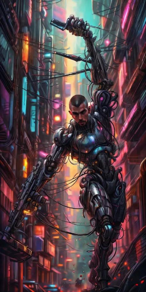 A masculine male Combat Cyborg Predator with a short military style buzz-cut, Cyberpunk, transparent neck, robotic parts, cyberp...