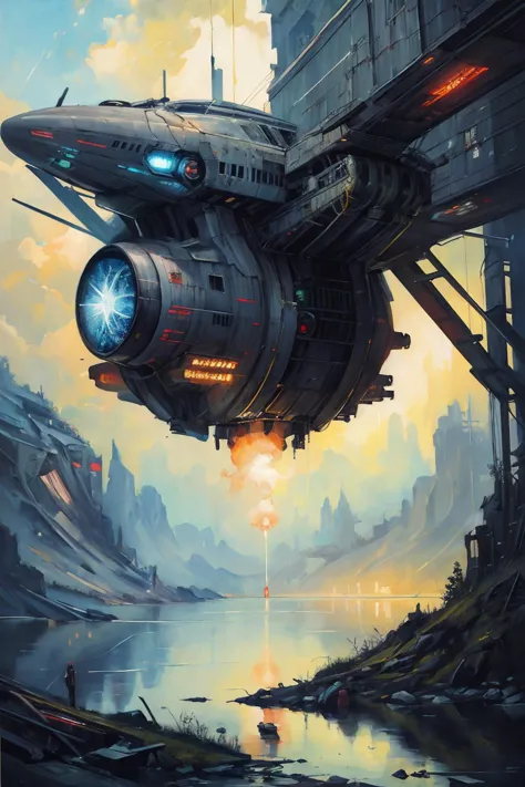 illustration of a cyberpunk starship landing over a lake, science fiction art, best quality, masterpiece, intricate details, (surreal), (illustration), ((oil painting \(medium\)))