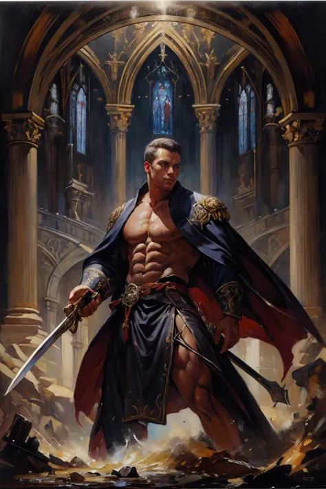 a male priest, muscular, wearing priest robe, holding sword, best quality, masterpiece, intricate details, dynamic pose, dynamic...