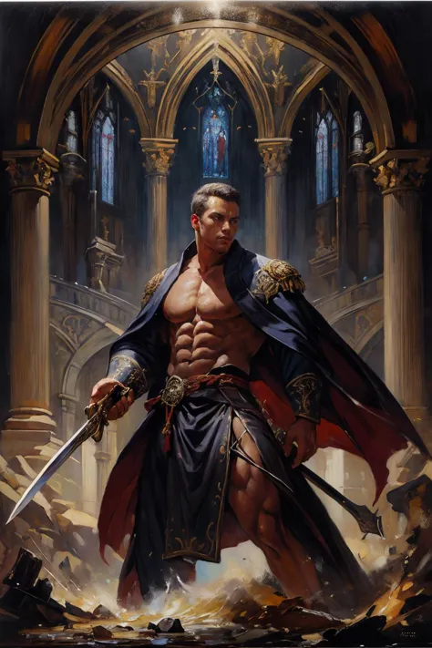 a male priest, muscular, wearing priest robe, holding sword, best quality, masterpiece, intricate details, dynamic pose, dynamic angle, (surreal), (illustration), ((oil painting \(medium\):1.2))