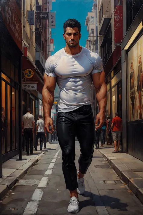 A man in tight white shirt and black pants walking down a city street, muscular, best quality, masterpiece, intricate details, (...