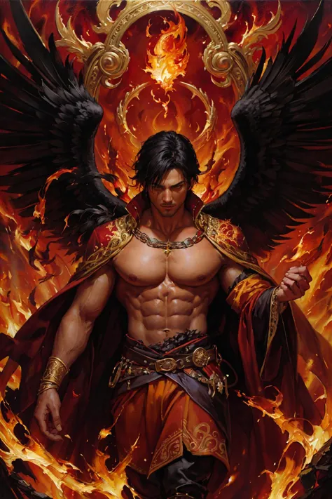 a handsome male wizard of fire with messy raven black hair, adorned in regal medieval attire featuring vibrant red and luxurious gold hues, amber eyes, surrounded by swirling fire sparks in the air, masterpiece, intricate details, (surreal), ((oil painting \(medium\))), fantasy art, concept art, by greg rutkowski