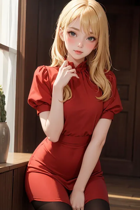 (masterpiece, best quality), 1girl, blonde hair, red dress, pantyhose, cute face, blush,