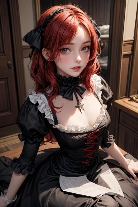 (masterpiece, best quality), 1girl, red hair, medium chest, gothic frill dress, pervert face, <lora:add_detail:1>